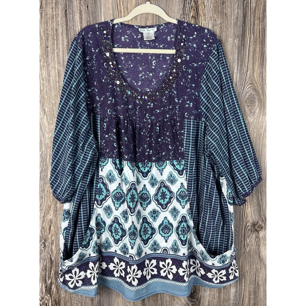 Ulla Popken Tunic Top 28/30 A Line Fit Cotton Floral Beaded Embellished Pockets